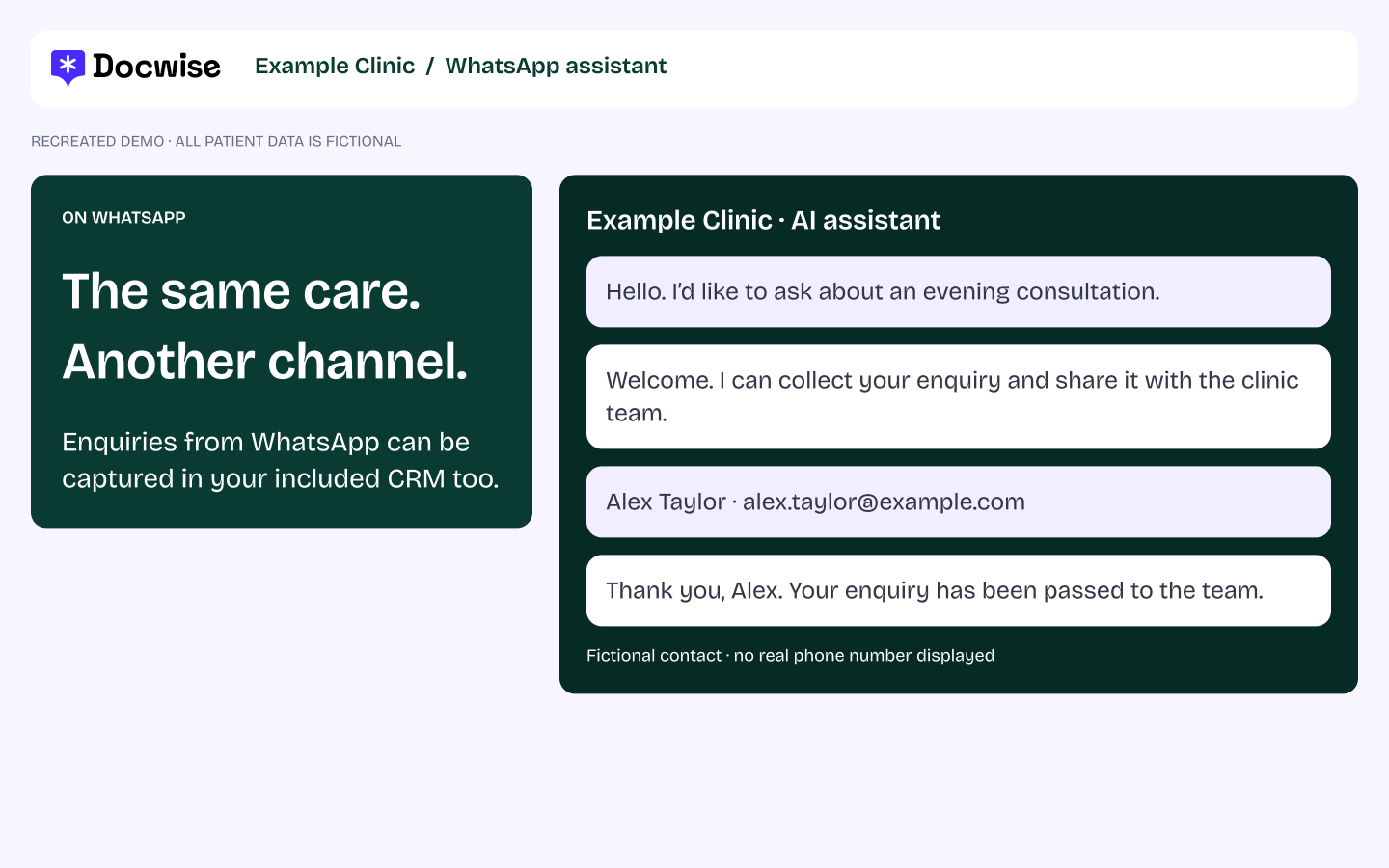 Docwise follow-ups &mdash; whatsapp &mdash; fictional demonstration